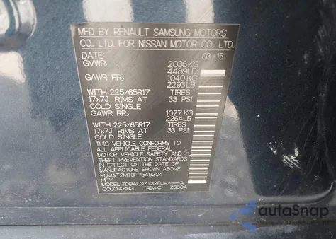 2015 Nissan Rogue Sv from USA, damaged, VIN KNMAT2MT3FP549204